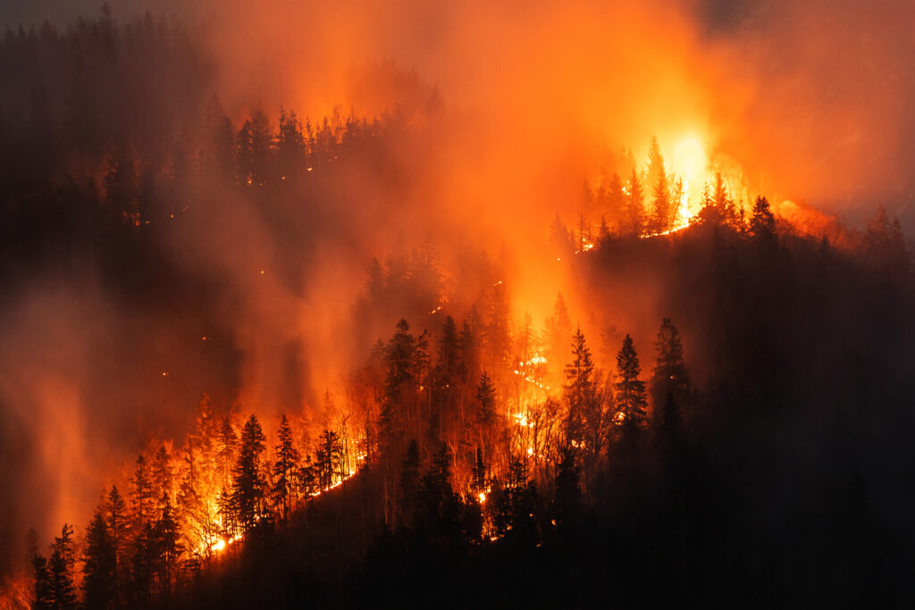 Incendio forestal nocturno en una zona montañosa, con llamas intensas y humo denso envolviendo el paisaje