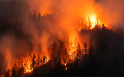 Incendio forestal nocturno en una zona montañosa, con llamas intensas y humo denso envolviendo el paisaje