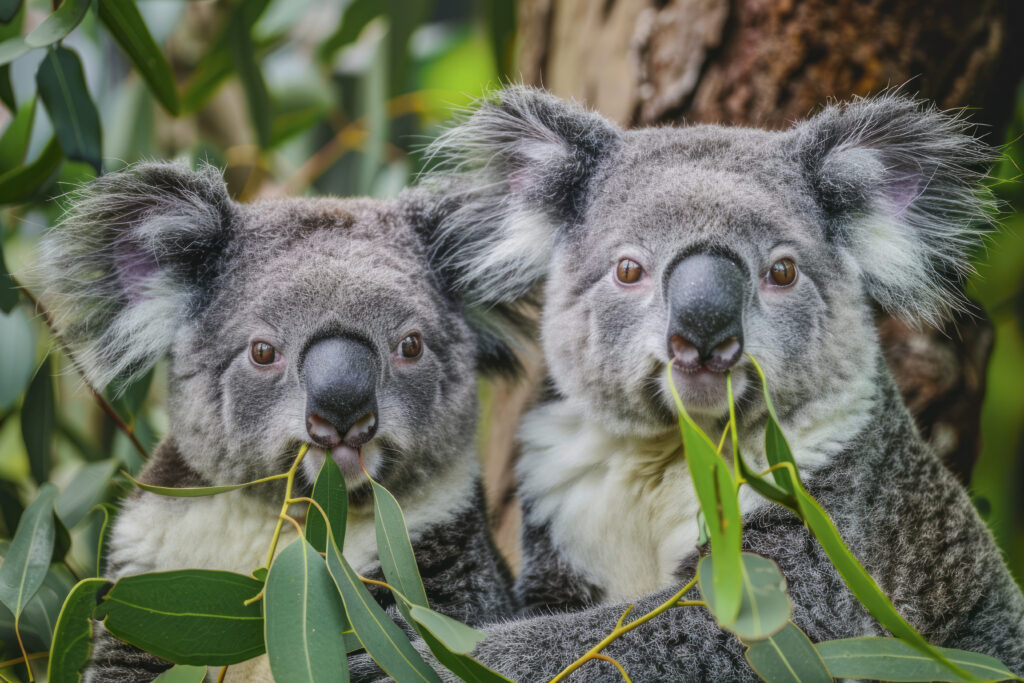 Dos koalas comen hojas de eucalipto entre ramas verdes, símbolo de su hábitat natural y su estado de vulnerabilidad en Australia.