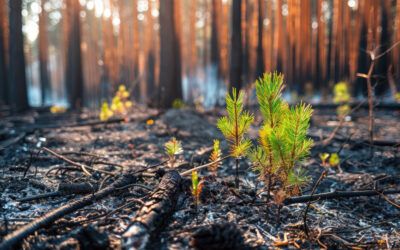 Brote verde de pino emergiendo entre cenizas y restos calcinados tras un incendio forestal en un bosque del Delta del Paraná.