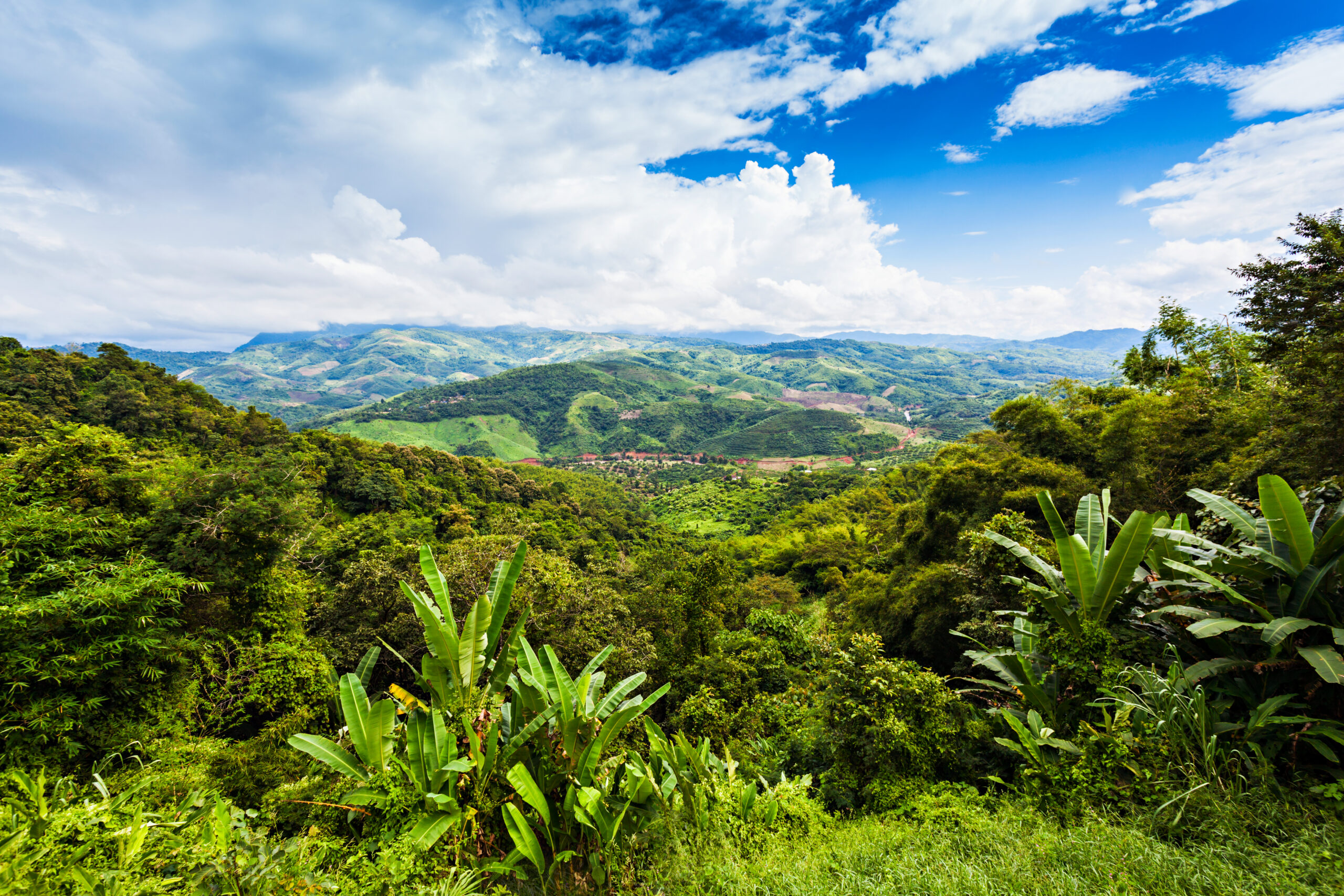 Paisaje montañoso tropical en la frontera entre Tailandia y Myanmar con vegetación densa y cielo parcialmente nublado.