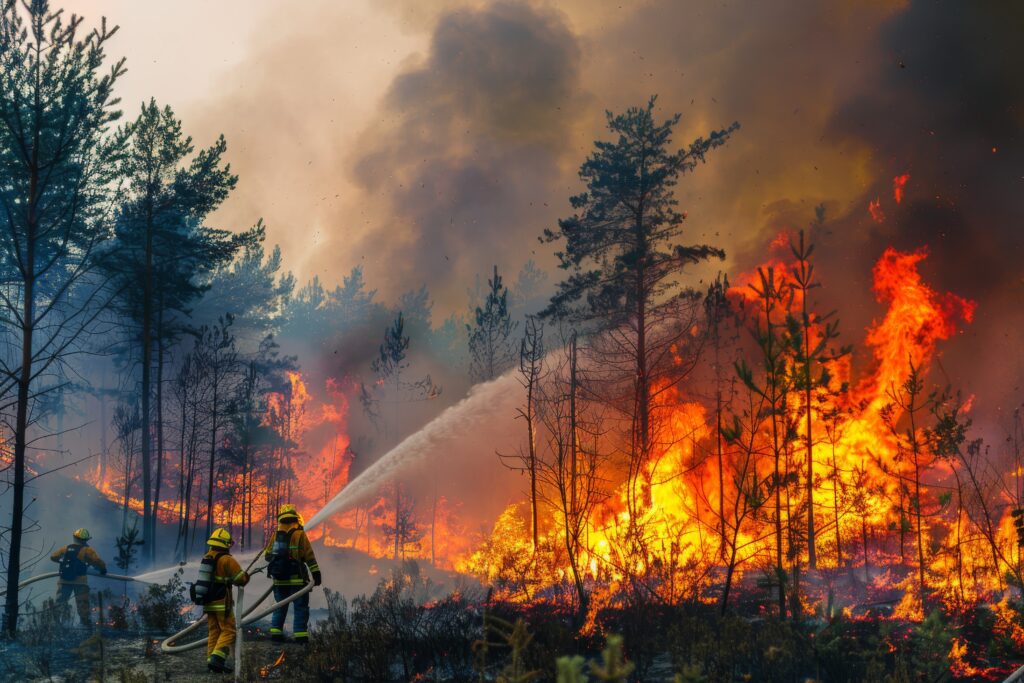Bomberos apagando un incendio forestal entre árboles envueltos en llamas.