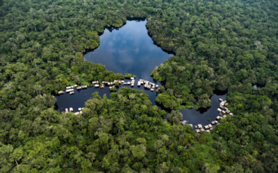 Vista aérea de un lago rodeado de selva amazónica con casas flotantes agrupadas en sus orillas.