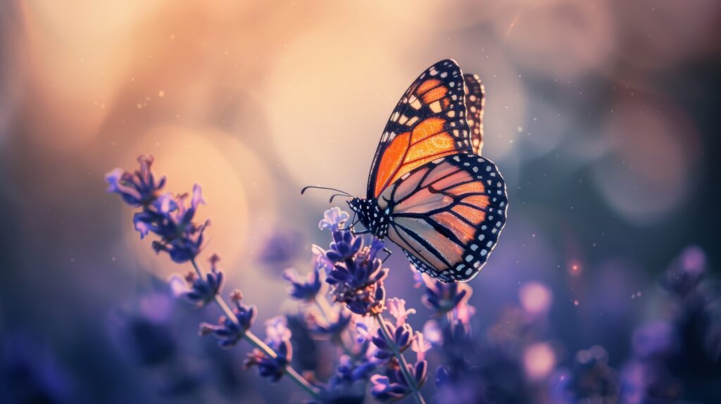 Mariposa monarca naranja y negra posada sobre una flor púrpura de lavanda.