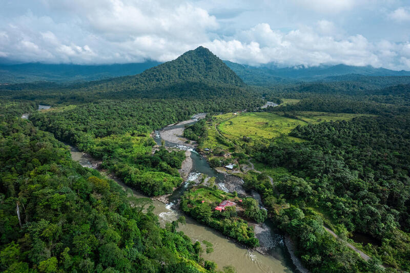 Panorámica aérea de un río que atraviesa un denso bosque tropical rodeado de montañas y nubes bajas.